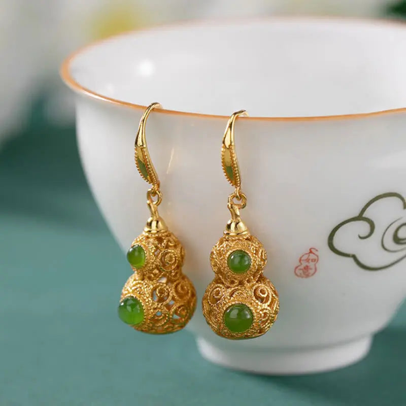 Fortune Jewel Copper Hollow Gourd Jade Prosperity Earrings Fortune Jewel