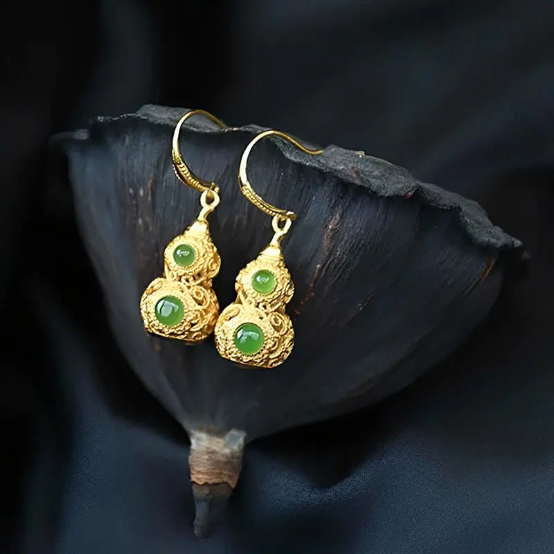 Fortune Jewel Copper Hollow Gourd Jade Prosperity Earrings Fortune Jewel