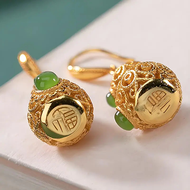 Fortune Jewel Copper Hollow Gourd Jade Prosperity Earrings Fortune Jewel