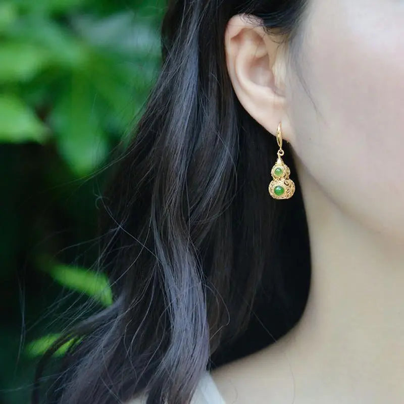 Fortune Jewel Copper Hollow Gourd Jade Prosperity Earrings Fortune Jewel