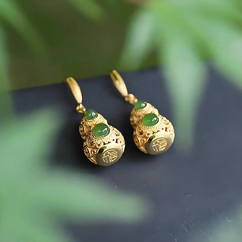 Fortune Jewel Copper Hollow Gourd Jade Prosperity Earrings Fortune Jewel