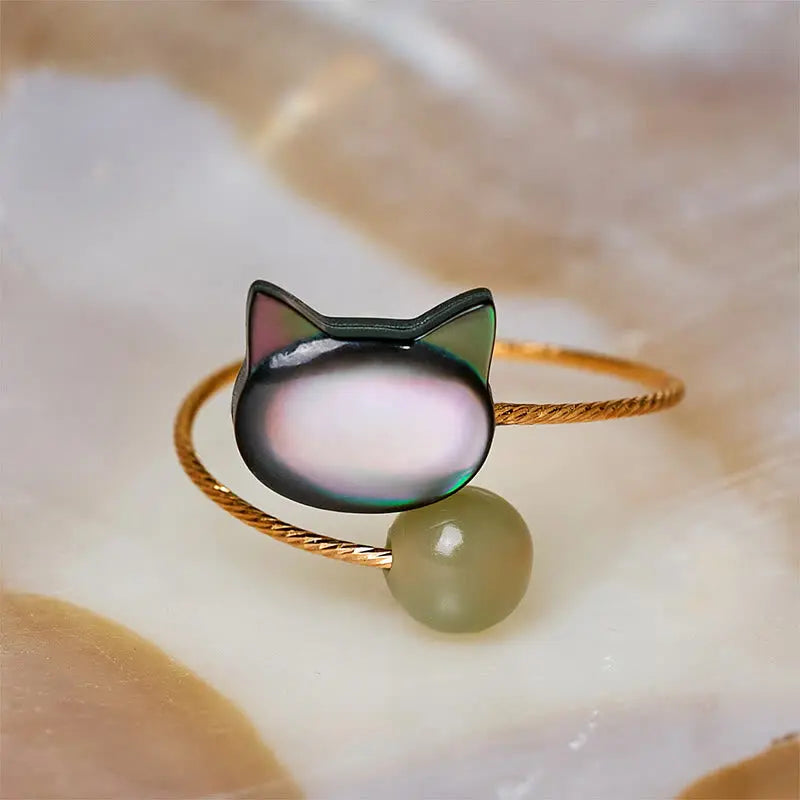 Fortune Jewel Black Tridacna Stone Cat Jade Blessing Adjustable Ring Fortune Jewel