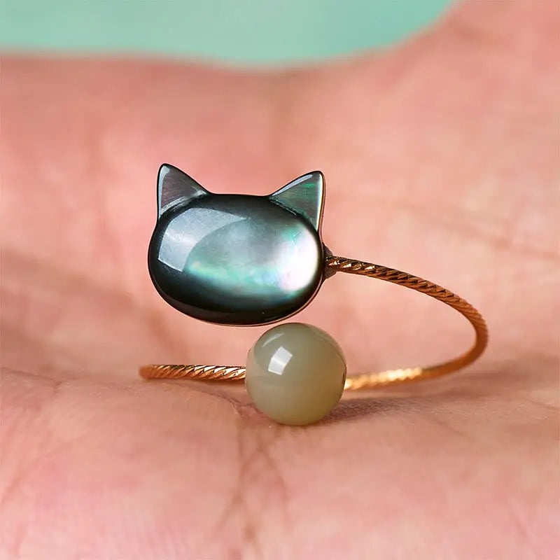 Fortune Jewel "Sending Protection and Charm" Tridacna Stone Cat Ring Includes Gift Message Card Fortune Jewel