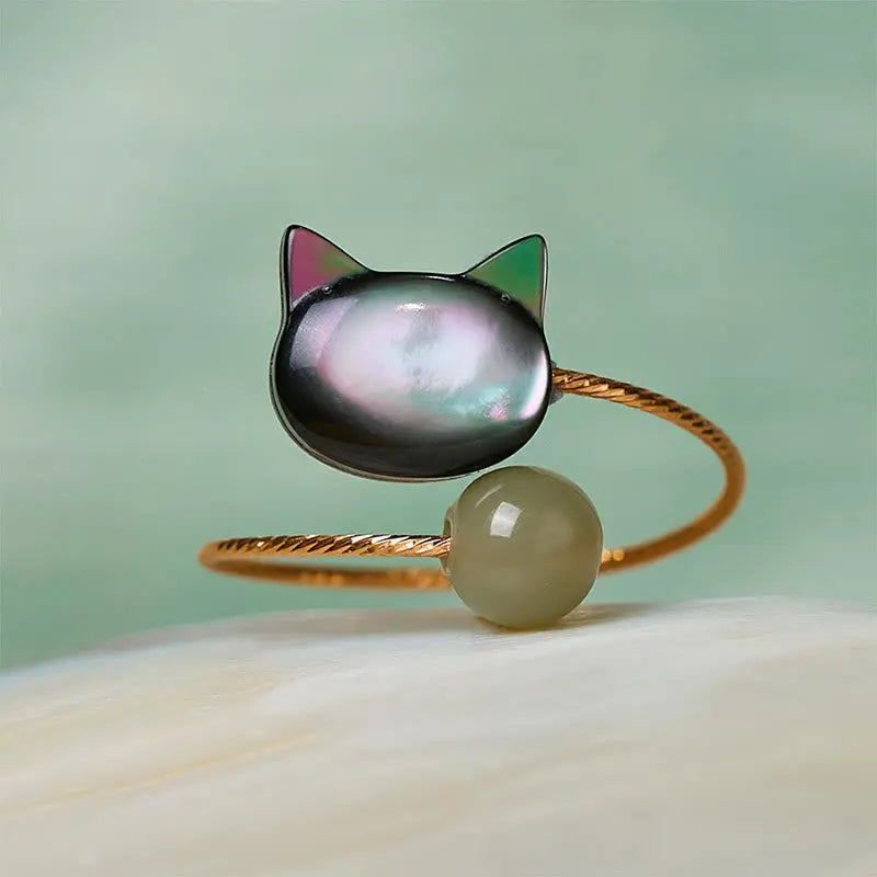 Fortune Jewel "Sending Protection and Charm" Tridacna Stone Cat Ring Includes Gift Message Card Fortune Jewel