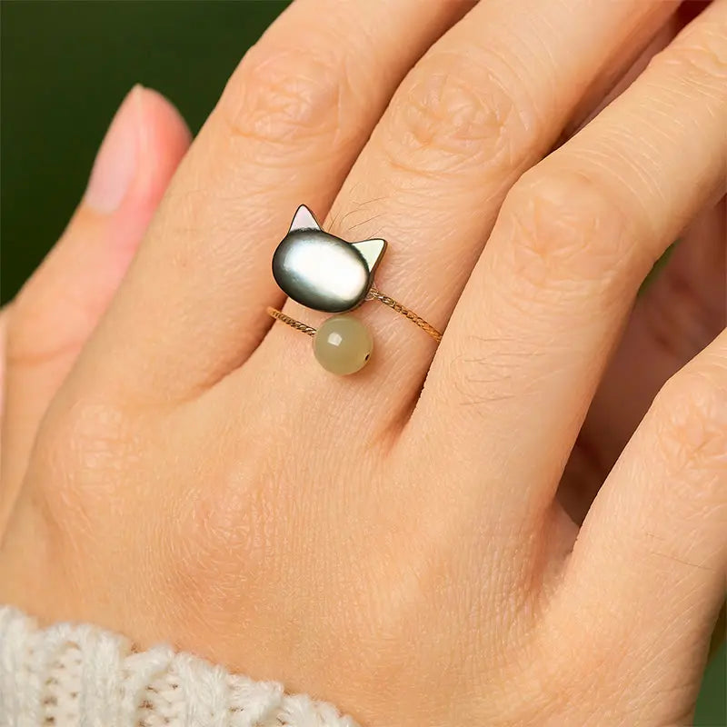 Fortune Jewel "Sending Protection and Charm" Tridacna Stone Cat Ring Includes Gift Message Card Fortune Jewel