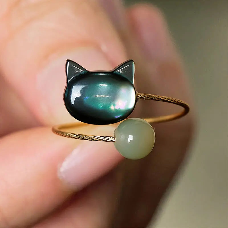 Fortune Jewel "Sending Protection and Charm" Tridacna Stone Cat Ring Includes Gift Message Card Fortune Jewel
