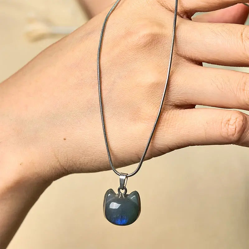 Fortune Jewel Natural Cat Pattern Labradorite Healing Necklace Pendant Fortune Jewel