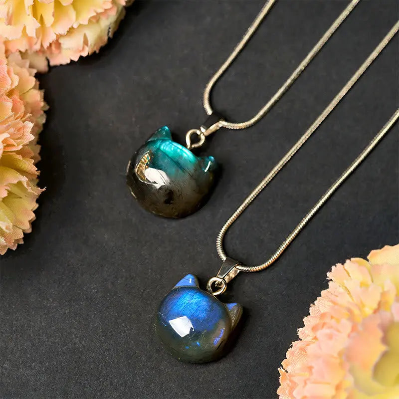 Fortune Jewel Natural Cat Pattern Labradorite Healing Necklace Pendant Fortune Jewel
