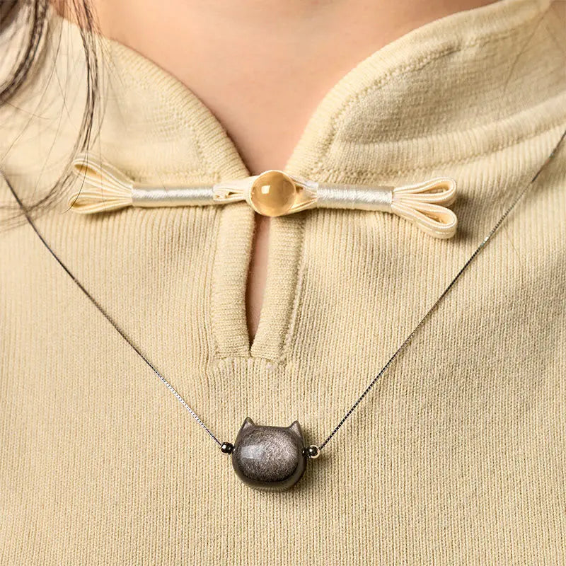 Fortune Jewel 925 Sterling Silver Natural Silver Sheen Obsidian Gold Sheen Obsidian Cat Necklace Fortune Jewel