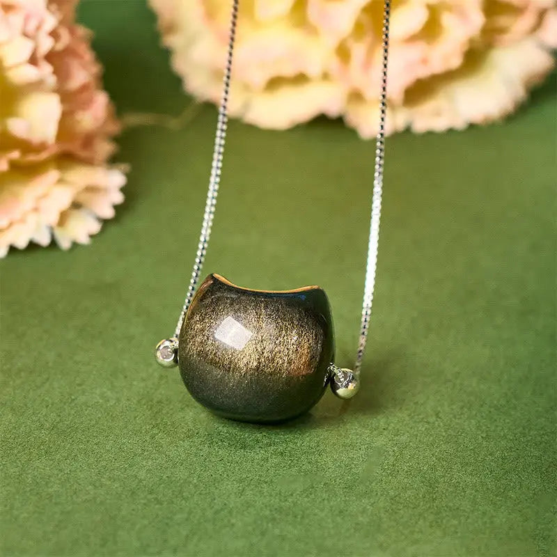 Fortune Jewel 925 Sterling Silver Natural Silver Sheen Obsidian Gold Sheen Obsidian Cat Necklace Fortune Jewel