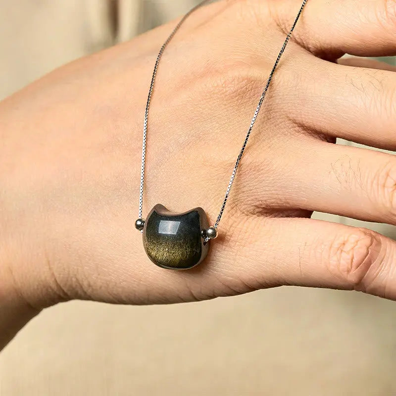 Fortune Jewel 925 Sterling Silver Natural Silver Sheen Obsidian Gold Sheen Obsidian Cat Necklace Fortune Jewel
