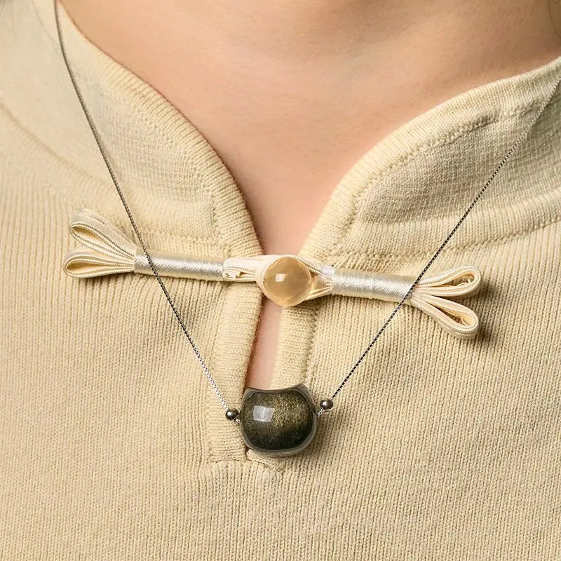 Fortune Jewel 925 Sterling Silver Natural Silver Sheen Obsidian Gold Sheen Obsidian Cat Necklace Fortune Jewel
