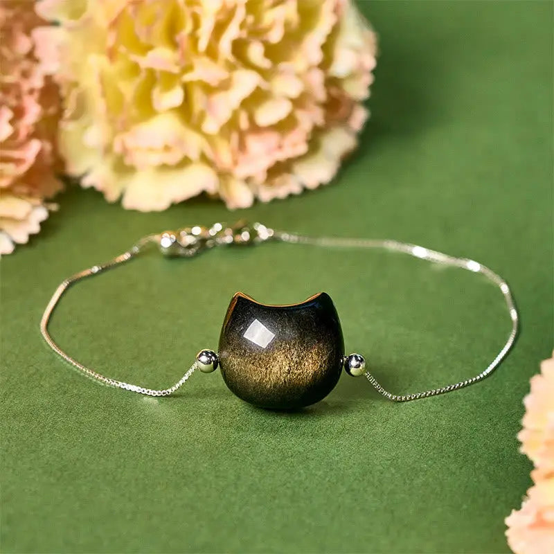 Fortune Jewel 925 Sterling Silver Silver Sheen Obsidian Gold Sheen Obsidian Cat Soothing Bracelet Fortune Jewel