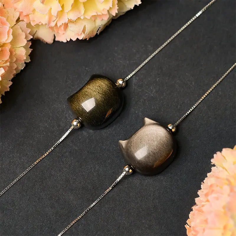 Fortune Jewel 925 Sterling Silver Silver Sheen Obsidian Gold Sheen Obsidian Cat Soothing Bracelet Fortune Jewel