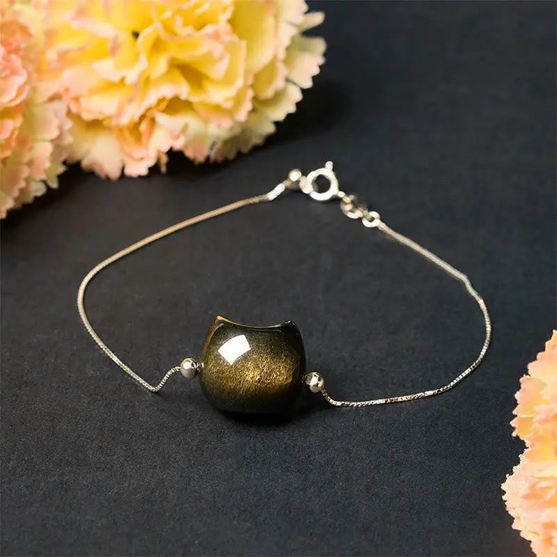 Fortune Jewel 925 Sterling Silver Silver Sheen Obsidian Gold Sheen Obsidian Cat Soothing Bracelet Fortune Jewel