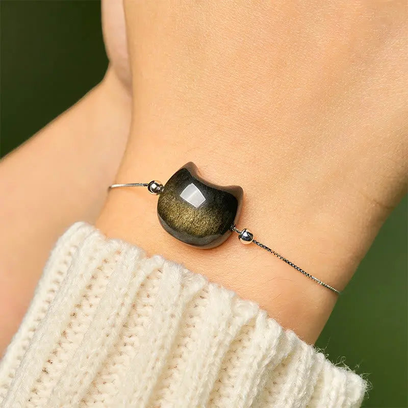 Fortune Jewel 925 Sterling Silver Silver Sheen Obsidian Gold Sheen Obsidian Cat Soothing Bracelet Fortune Jewel