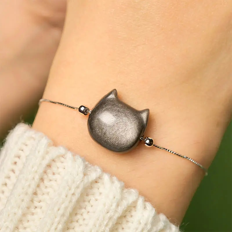Fortune Jewel 925 Sterling Silver Silver Sheen Obsidian Gold Sheen Obsidian Cat Soothing Bracelet Fortune Jewel