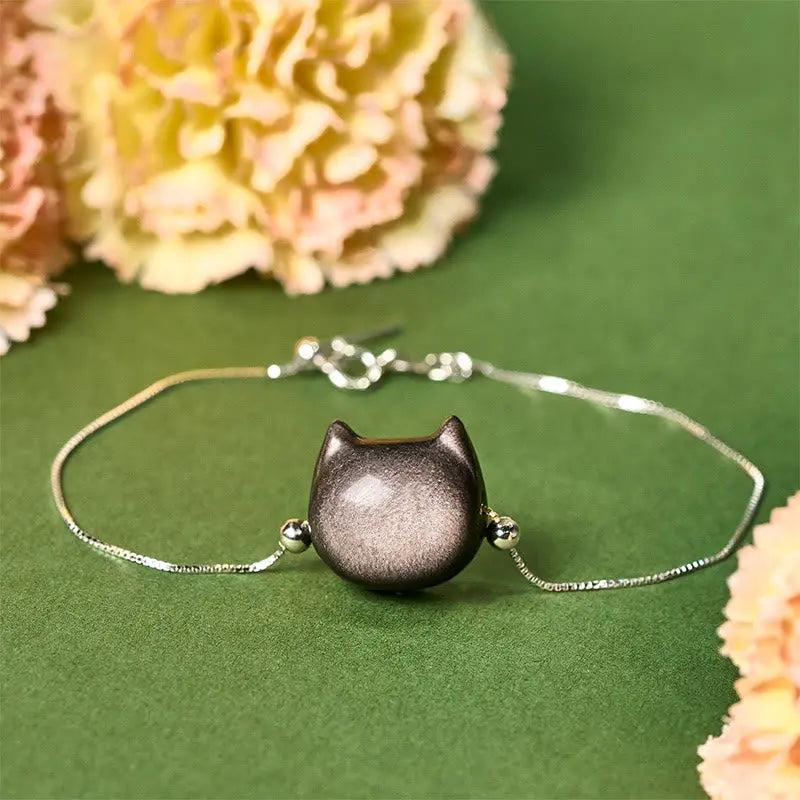 Fortune Jewel 925 Sterling Silver Silver Sheen Obsidian Gold Sheen Obsidian Cat Soothing Bracelet Fortune Jewel