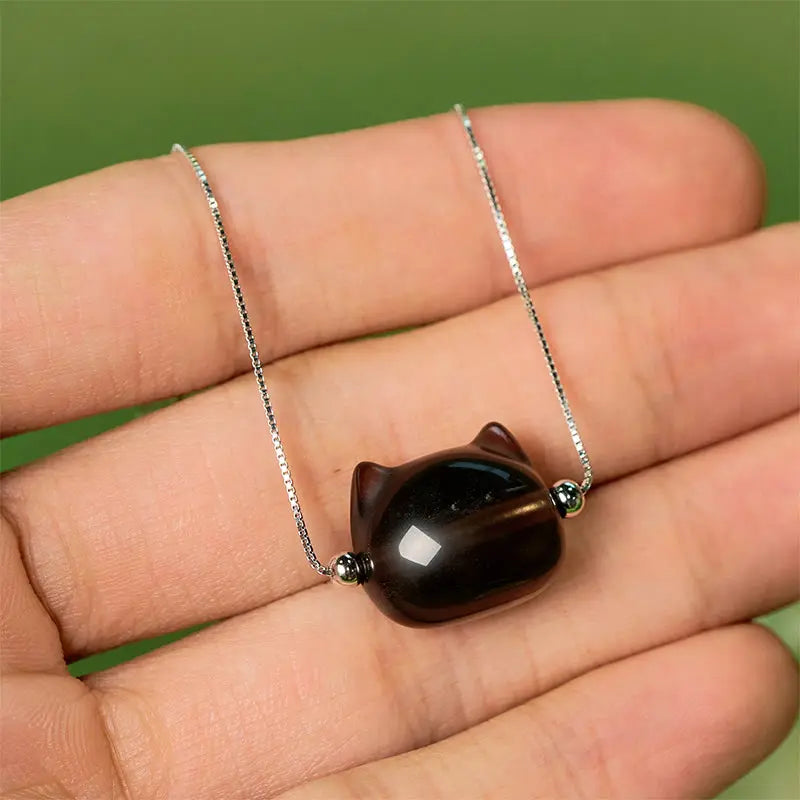 Fortune Jewel 925 Sterling Silver Cat Natural Ice Obsidian Positive Bracelet Fortune Jewel