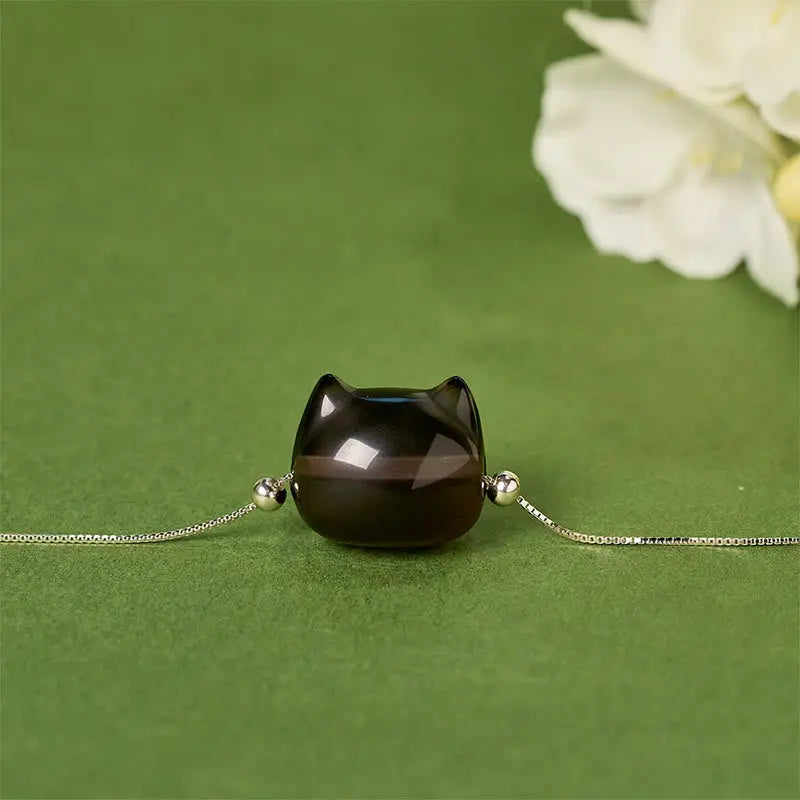 Fortune Jewel 925 Sterling Silver Cat Natural Ice Obsidian Positive Bracelet Fortune Jewel