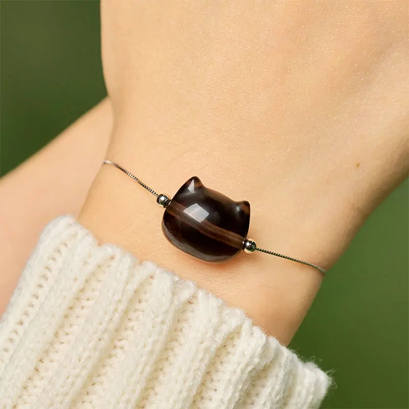 Fortune Jewel 925 Sterling Silver Cat Natural Ice Obsidian Positive Bracelet Fortune Jewel