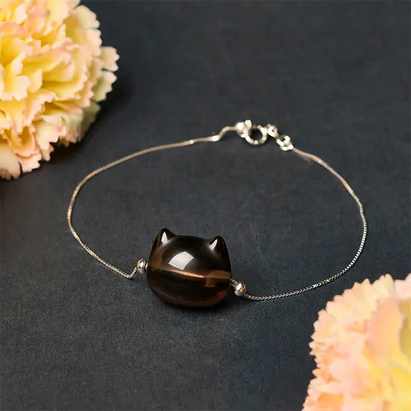 Fortune Jewel 925 Sterling Silver Cat Natural Ice Obsidian Positive Bracelet Fortune Jewel