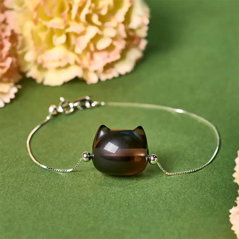 Fortune Jewel 925 Sterling Silver Cat Natural Ice Obsidian Positive Bracelet Fortune Jewel