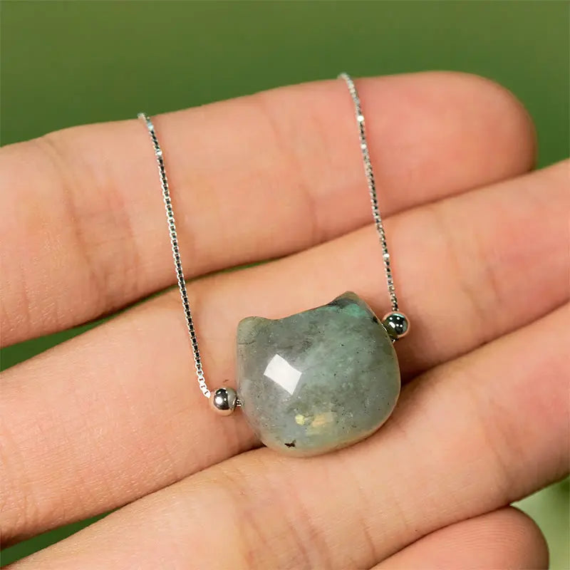 Fortune Jewel 925 Sterling Silver Faceless Cat Head Natural Labradorite Healing Bracelet Fortune Jewel