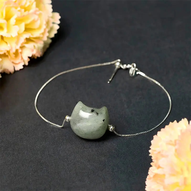 Fortune Jewel 925 Sterling Silver Faceless Cat Head Natural Labradorite Healing Bracelet Fortune Jewel