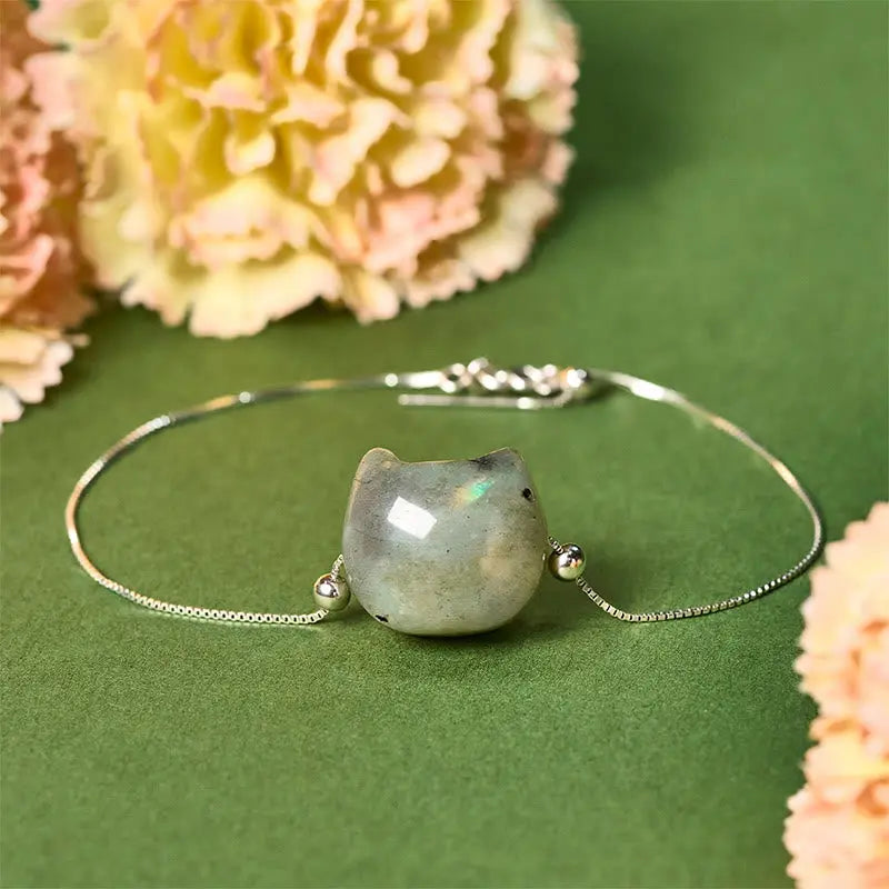 Fortune Jewel 925 Sterling Silver Faceless Cat Head Natural Labradorite Healing Bracelet Fortune Jewel