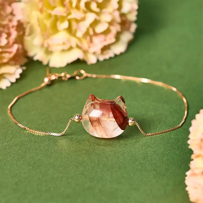 Fortune Jewel 925 Sterling Silver Faceless Cat Head Natural Red Flower Quartz Passion Bracelet Fortune Jewel