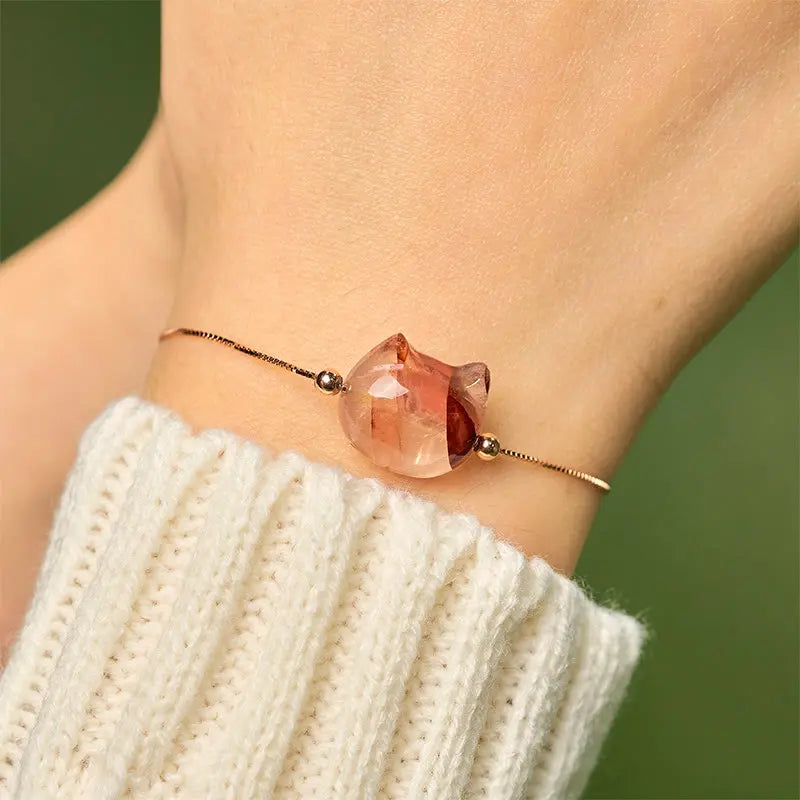 Fortune Jewel 925 Sterling Silver Faceless Cat Head Natural Red Flower Quartz Passion Bracelet Fortune Jewel