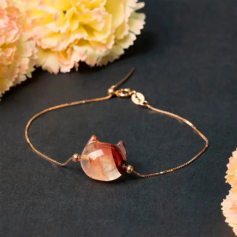 Fortune Jewel 925 Sterling Silver Faceless Cat Head Natural Red Flower Quartz Passion Bracelet Fortune Jewel
