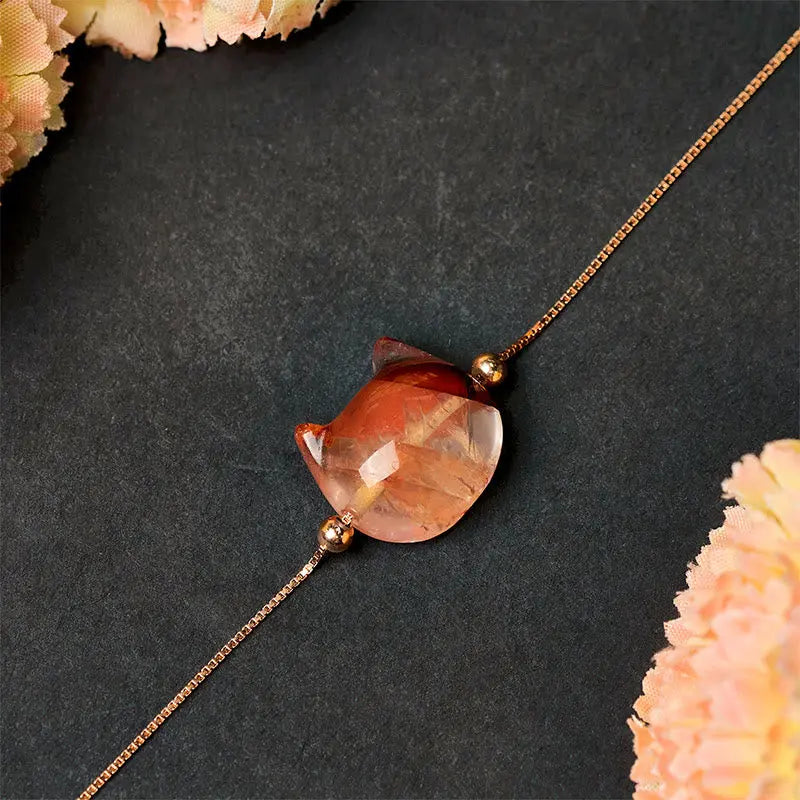 Fortune Jewel 925 Sterling Silver Cat Head Natural Red Flower Quartz Protection Necklace Pendant Fortune Jewel