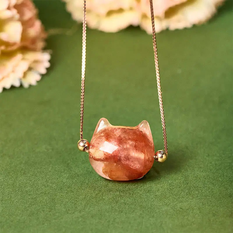 Fortune Jewel 925 Sterling Silver Cat Head Natural Red Flower Quartz Protection Necklace Pendant Fortune Jewel