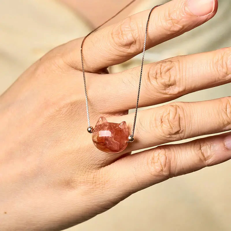 Fortune Jewel 925 Sterling Silver Cat Head Natural Red Flower Quartz Protection Necklace Pendant Fortune Jewel