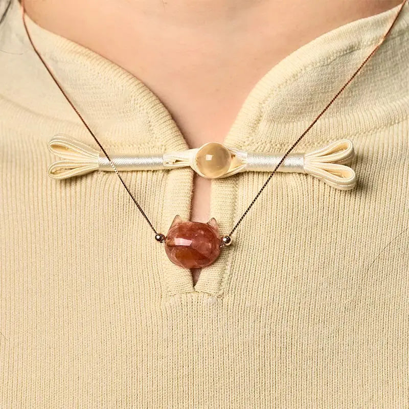 Fortune Jewel 925 Sterling Silver Cat Head Natural Red Flower Quartz Protection Necklace Pendant Fortune Jewel