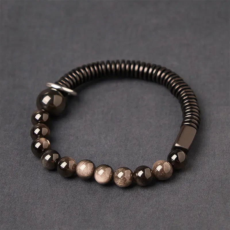 Fortune Jewel Silver Sheen Obsidian Coconut Shell Protection Bracelet Fortune Jewel