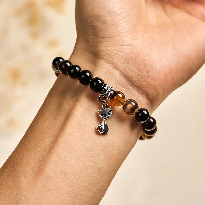 Fortune Jewel Chocolate Siamese Cat Dark Brown Striped Agate Bead Protection Bracelet Fortune Jewel