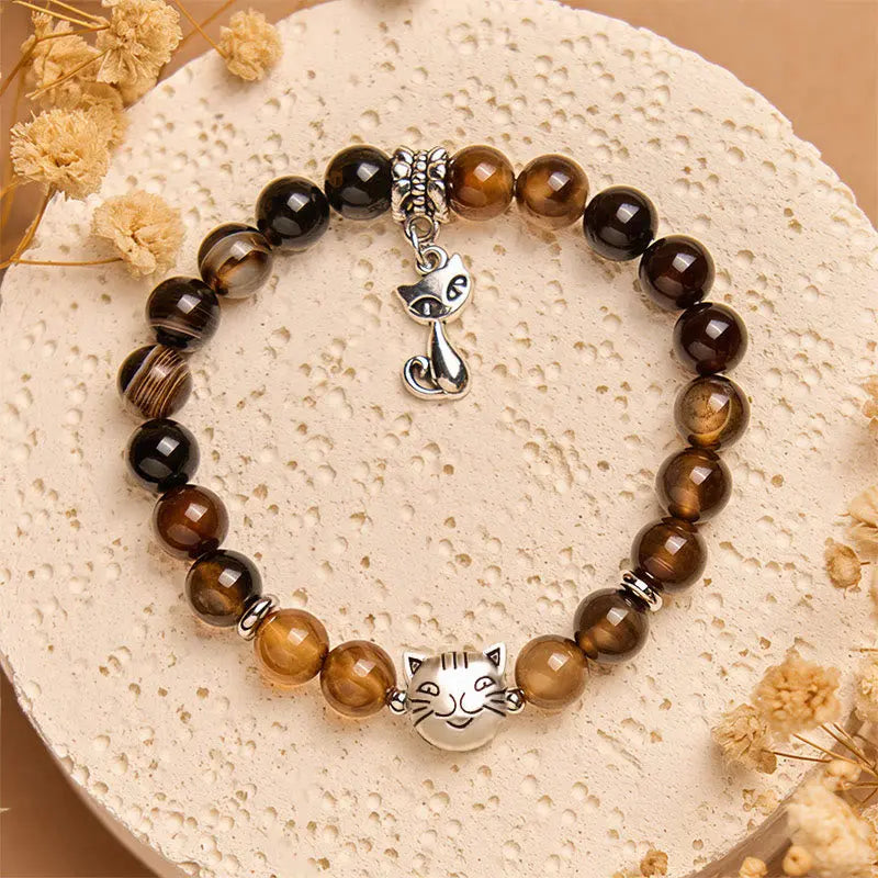 Fortune Jewel Chocolate Siamese Cat Dark Brown Striped Agate Bead Protection Bracelet Fortune Jewel
