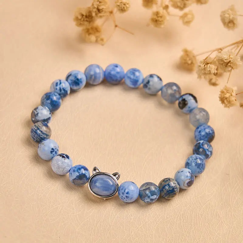 Fortune Jewel Natural Cat Head Blue Agate Kyanite Protection Bracelet Fortune Jewel