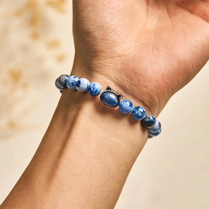 Fortune Jewel Natural Cat Head Blue Agate Kyanite Protection Bracelet Fortune Jewel