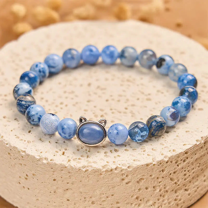 Fortune Jewel Natural Cat Head Blue Agate Kyanite Protection Bracelet Fortune Jewel