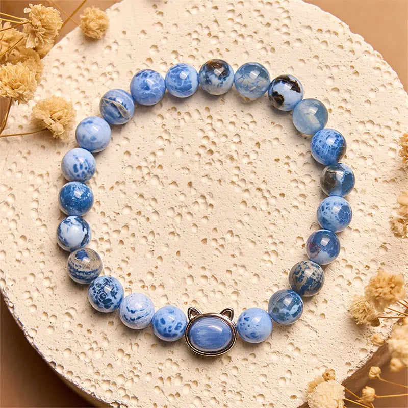 Fortune Jewel Natural Cat Head Blue Agate Kyanite Protection Bracelet Fortune Jewel