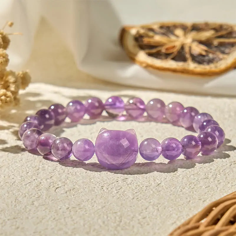 Buddha Stones "Wishing You Clarity and Calm" Cute Cat Amethyst Bracelet Includes Gift Message Card Fortune Jewel