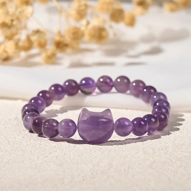 Buddha Stones "Wishing You Clarity and Calm" Cute Cat Amethyst Bracelet Includes Gift Message Card Fortune Jewel