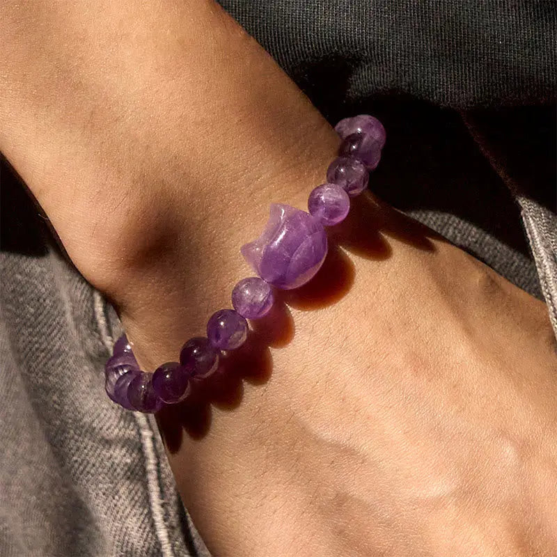Fortune Jewel Cute Cat Face Amethyst Spiritual Awareness Bracelet Fortune Jewel