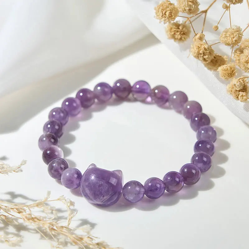 Buddha Stones "Wishing You Clarity and Calm" Cute Cat Amethyst Bracelet Includes Gift Message Card Fortune Jewel