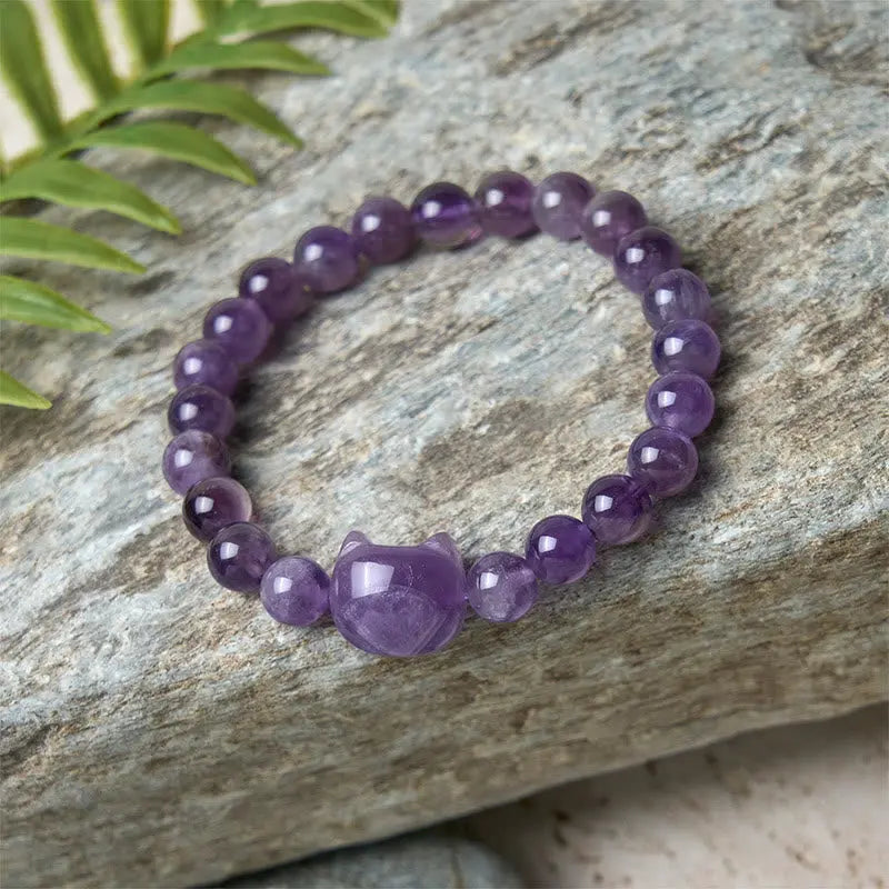Buddha Stones "Wishing You Clarity and Calm" Cute Cat Amethyst Bracelet Includes Gift Message Card Fortune Jewel
