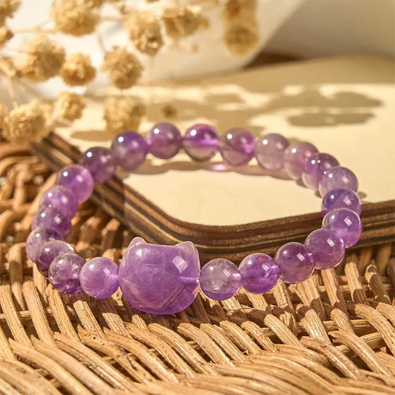 Buddha Stones "Wishing You Clarity and Calm" Cute Cat Amethyst Bracelet Includes Gift Message Card Fortune Jewel